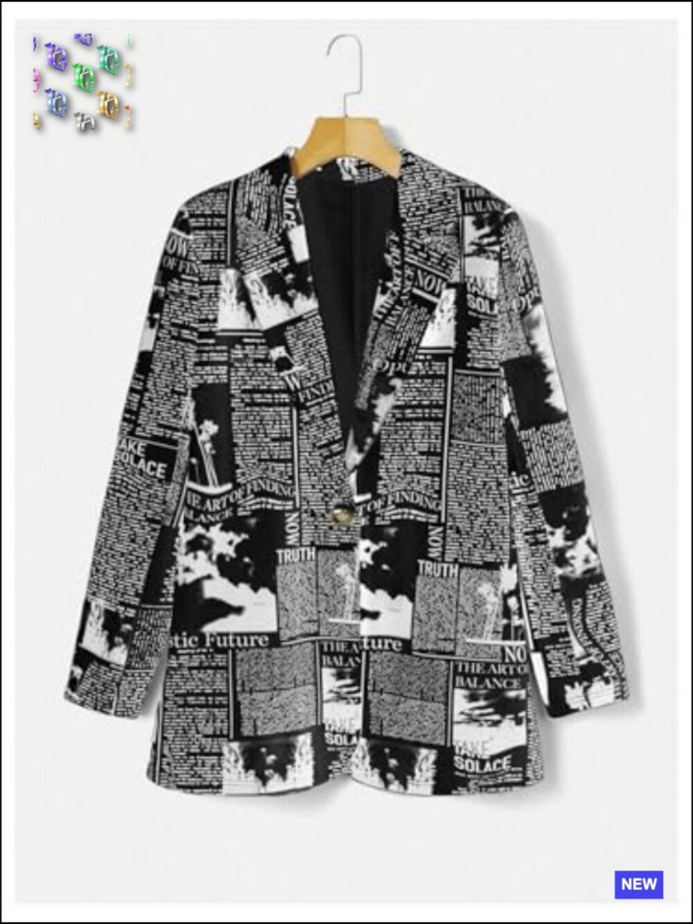 Newspaper Print Blazer Lapel Collar Long Sleeve Work Office Jacket Chic - Picture 6 of 7